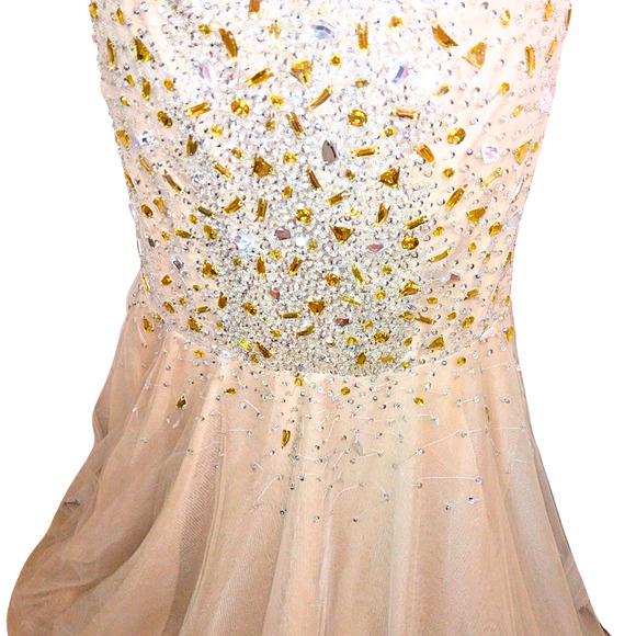 WOMEN'S BEADED & CRYSTAL BEIGE STRAPLESS EVENING PARTY GOWN DRESS - Picture 5 of 7